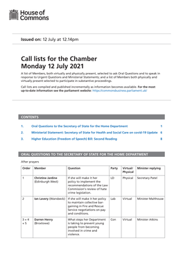 Call Lists for the Chamber Monday 12 July 2021