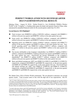 Perfect World Announces Second Quarter 2014 Unaudited Financial Results