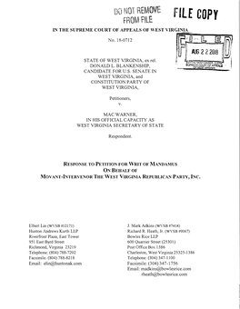 Case No. 18-0712 Donal Blankenship, Et Al. V. Mac Warner