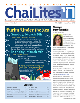 Purim Under the Sea by Rabbi Rachel Blatt Sunday, March 8Th Every Five Years, the World Zionist 11Am - 1Pm Purim Carnival! Congress/Parliament