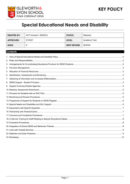 KEY POLICY Special Educational Needs and Disability