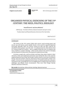 ORGANISED PHYSICAL EXERCISING of the 19Th CENTURY: the NEED, POLITICS, IDEOLOGY