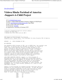 Vishwa Hindu Parishad of America -Support-A-Child Project