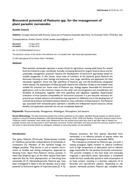 Biocontrol Potential of Pasteuria Spp. for the Management of Plant Parasitic Nematodes