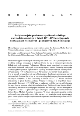 Zaciężne Wojsko Powiatowe Sejmiku Wiszeńskiego Województwa Ruskiego W Latach 1671–1673 Oraz Jego Rola W Działaniach Wojskowych I Politycznych Jana Sobieskiego