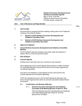 Northern Economic Development and Initiatives Committee Agenda May 2, 2016; 10:30 AM District of Lillooet Council Chambers 615 Main Street, Lillooet, BC