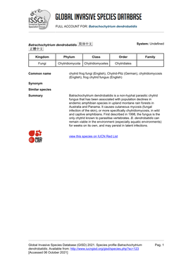 Batrachochytrium Dendrobatidis Global Invasive Species Database