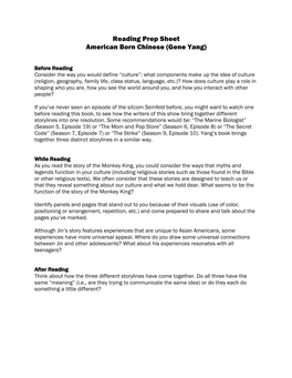 Reading Prep Sheet American Born Chinese (Gene Yang)