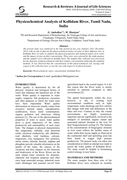 Physicochemical Analysis of Kollidam River, Tamil Nadu, India