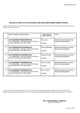 Notice of Filing of Application/S for Alien Employment Permit/S (Aep/S)