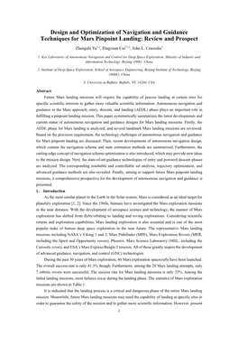 Design and Optimization of Navigation and Guidance Techniques for Mars Pinpoint Landing: Review and Prospect Zhengshi Yu1,2, Pingyuan Cui*1,2, John L