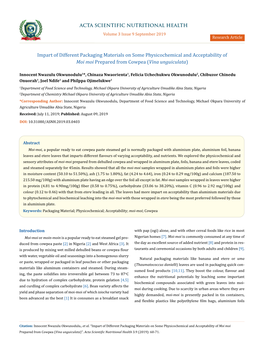 Impart of Different Packaging Materials on Some Physicochemical and Acceptability of Moi Moi Prepared from Cowpea (Vina Unguiculata)