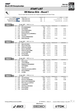 START LIST 100 Metres Girls - Round 1 First 3 in Each Heat (Q) and the Next 4 Fastest (Q) Advance to the Semi-Finals