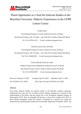 Plural Approaches As a Tool for Galician Studies at the Brazilian University: Didactic Experiences in the UFPR Letters Course