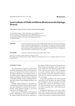 Land Mollusks of Chalki and Alimia (Dodecanese Archipelago, Greece)