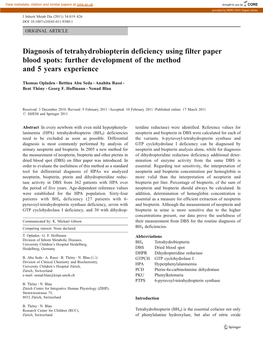 Diagnosis of Tetrahydrobiopterin Deficiency Using Filter Paper Blood Spots: Further Development of the Method and 5 Years Experience