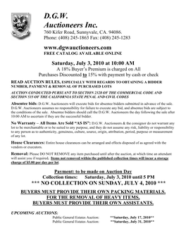 D.G.W. Auctioneers Inc. 760 Kifer Road, Sunnyvale, CA
