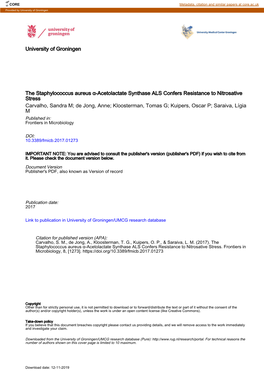 The Staphylococcus Aureus Α-Acetolactate Synthase ALS