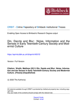 Noise, Information and the Senses in Early Twentieth-Century Society and Mod- Ernist Culture