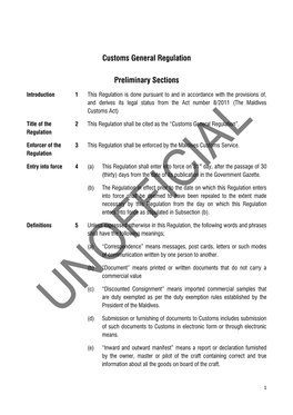 Customs General Regulation Preliminary Sections