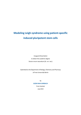 Modeling Leigh Syndrome Using Patient-Specific Induced Pluripotent Stem Cells