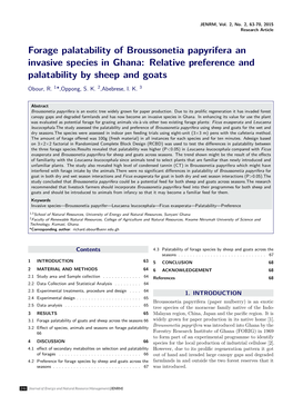 Forage Palatability of Broussonetia Papyrifera an Invasive Species in Ghana: Relative Preference and Palatability by Sheep and Goats Obour, R