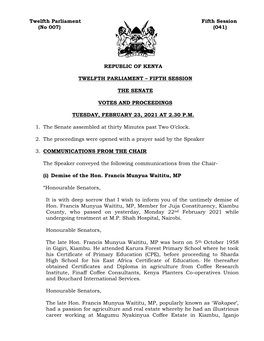 Twelfth Parliament Fifth Session (No 007) (041) REPUBLIC of KENYA
