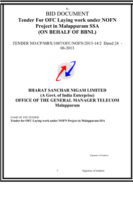 BID DOCUMENT Tender for OFC Laying Work Under NOFN Project in Malappuram SSA (ON BEHALF of BBNL)