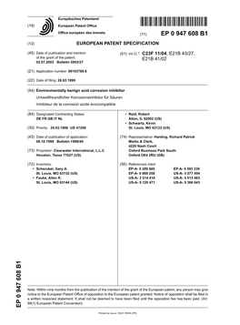 Environmentally Benign Acid Corrosion Inhibitor Umweltfreundlicher Korrosionsinhibitor Für Säuren Inhibiteur De La Corrosion Acide Écocompatible