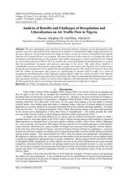 Analysis of Benefits and Challenges of Deregulation and Liberalization on Air Traffic Flow in Nigeria