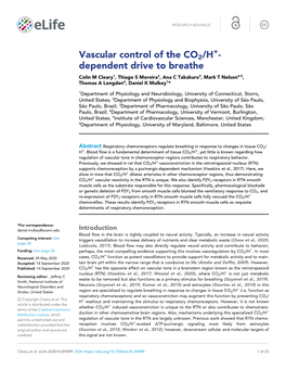 Vascular Control of the CO2/H - Dependent Drive to Breathe Colin M Cleary1, Thiago S Moreira2, Ana C Takakura3, Mark T Nelson4,5, Thomas a Longden6, Daniel K Mulkey1*