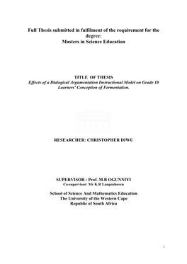 Effects of a Dialogical Argumentation Instructional Model on Grade 10 Learners' Conception of Fermentation