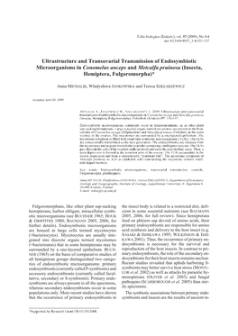 Ultrastructure and Transovarial Transmission of Endosymbiotic Microorganisms in Conomelus Anceps and Metcalfa Pruinosa (Insecta, Hemiptera, Fulgoromorpha)