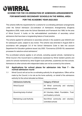 Draft Coordinated Scheme for Secondary Admissions 2022-23