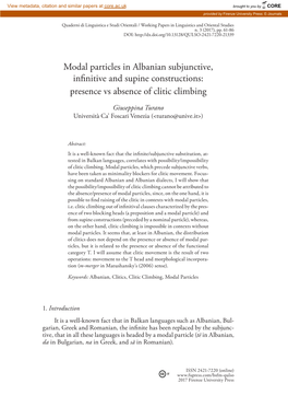 Modal Particles in Albanian Subjunctive, Infinitive and Supine Constructions: Presence Vs Absence of Clitic Climbing