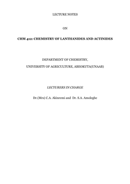 Chm 412: Chemistry of Lanthanides and Actinides