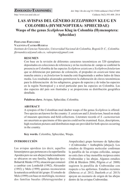 Las Avispas Del Género Sceliphron Klug En Colombia (Hymenoptera: Sphecidae) Wasps of the Genus Sceliphron Klug in Colombia (Hymenoptera: Sphecidae)