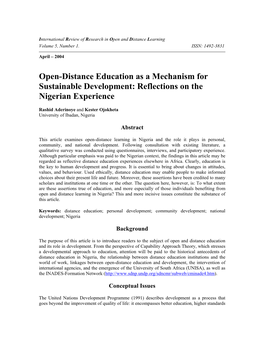 Open-Distance Education As a Mechanism for Sustainable Development: Reflections on the Nigerian Experience