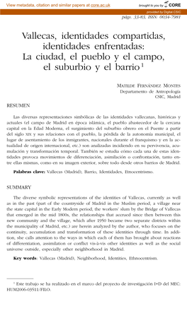 Vallecas, Identidades Compartidas, Identidades Enfrentadas: La Ciudad, El Pueblo Y El Campo, El Suburbio Y El Barrio 1