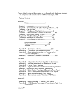 Report of the Presidential Commission on the Space Shuttle Challenger Accident (In Compliance with Executive Order 12546 of February 3, 1986)