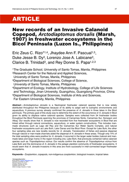 New Records of an Invasive Calanoid Copepod, Arctodiaptomus Dorsalis (Marsh, 1907) in Freshwater Ecosystems in the Bicol Peninsula (Luzon Is., Philippines)