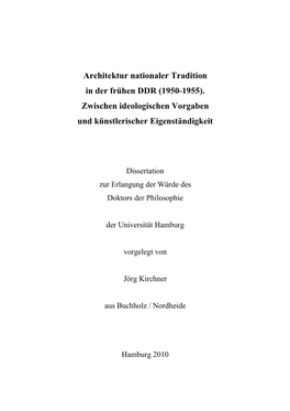 Architektur Nationaler Tradition in Der Frühen DDR (1950-1955)