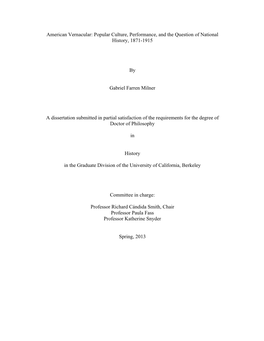 American Vernacular: Popular Culture, Performance, and the Question of National History, 1871-1915