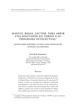 Manuel Rojas, Lector. Para Abrir Una Discusión En Torno a Su Programa Intelectual1