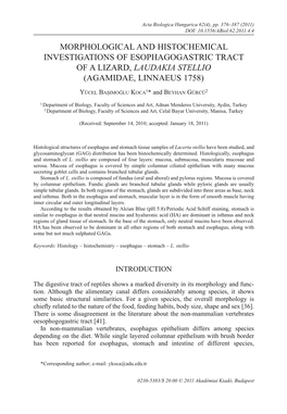 Morphological and Histochemical Investigations of Esophagogastric Tract of a Lizard, Laudakia Stellio (Agamidae, Linnaeus 1758)