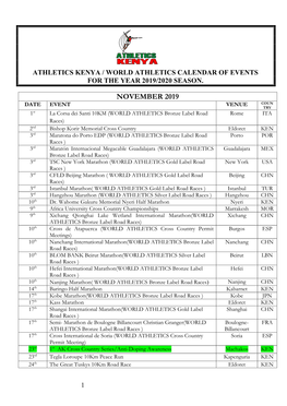 Athletics Kenya Calendar of Events 2019-2020