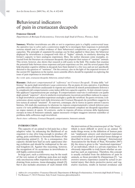 Behavioural Indicators of Pain in Crustacean Decapods