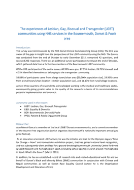 The Experiences of Lesbian, Gay, Bisexual and Transgender (LGBT) Communities Using NHS Services in the Bournemouth, Dorset & Poole Area