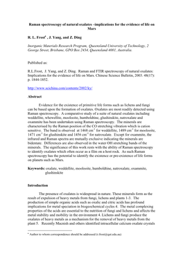 Raman Spectroscopy of Natural Oxalates –Implications for the Evidence of Life on Mars