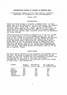 CONSERVATION VALUES OP ISLANDS in EXMOUTB GULP• ' a Preliminary Report by A.N. Start and N.L. Mckenzie Department of Conservation and Land Management